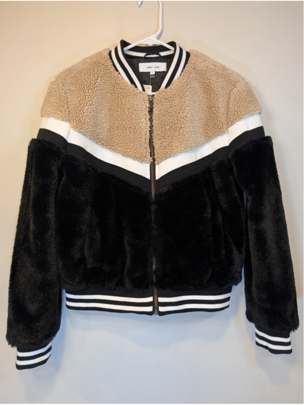 John + Jenn Veronica Bomber Jacket Mixed Faux Fur Sherpa Chevron Small S NWT